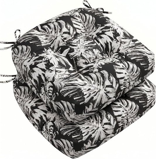 1 MIDDLE ONE Outdoor Chair Cushions Set of 2, Outdoor Cushions for Patio Furniture and Wicker Chair, Memory Foam Patio Seat Cushion Pads with Ties, 19 x 19 Inch (Black Monstera)