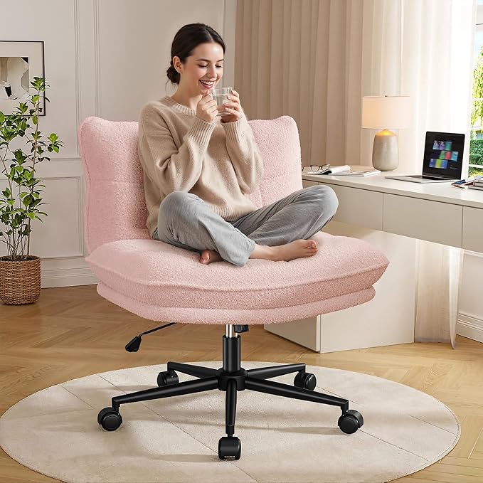 DurayLoly Criss Cross Chair with Wheels, 6.2" Extra Thick Cross Legged Office Chair, Height Adjustable Swivel Design for Home Office, Study & Vanity,Pink