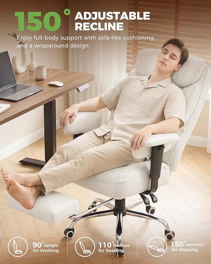 GTPLAYER Big and Tall Office Chair, High Back Computer Gaming Chair with Ergonomic Lumbar Support &Pocket Spring Cushion for Lower Back Pain Relief, Leather Executive Chair with Foot Rest, White