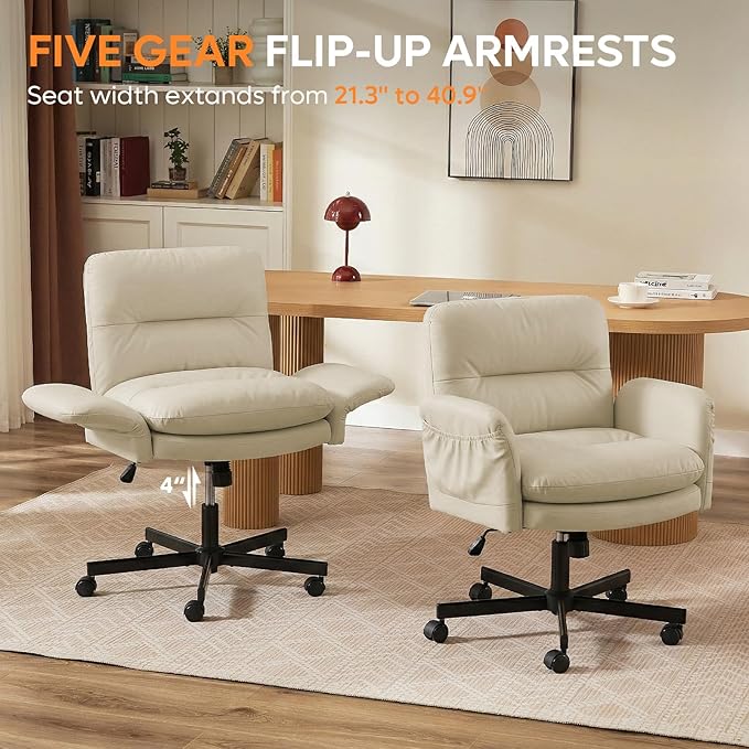 Bestier Criss Cross Office Chair with Flip-Up Armrests, Swivel Makeup Vanity Chair with Wheels & Side Pockets, Cross Legged Office Chair for Home Office, Bedroom, Beige PU Leather