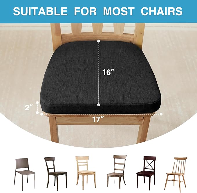 IASEAHK Chair Cushions for Dining Chairs Set of 6, Non Slip Kitchen Chair Pads, 17" x 16" x 2", Indoor Dining Chair Cushions with Ties, D-Shaped Seat Cushions for Kitchen Chairs, Black