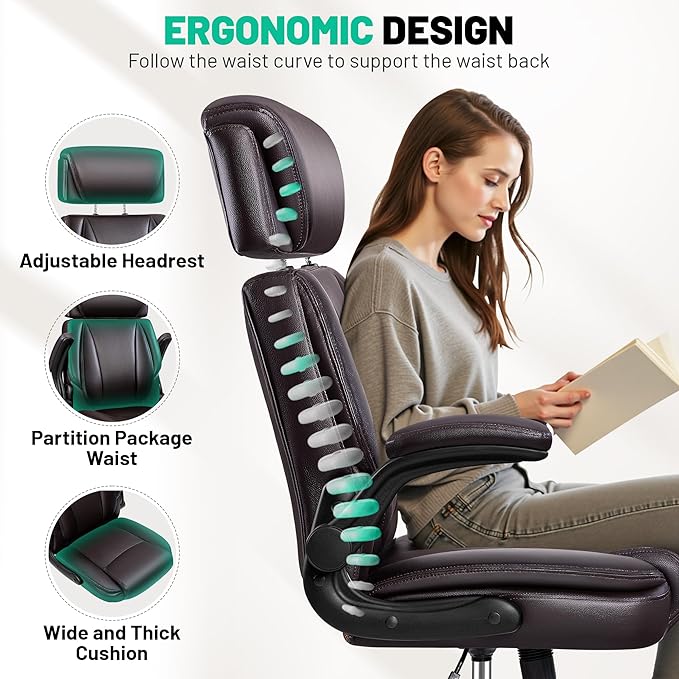BestGlory Ergonomic Office Chair, PU Leather High Back Desk Chair with Adjustable Headrest and Padded Flip-Up Arms, Lumbar Support Computer Chair for Home Office Gaming, Coffee