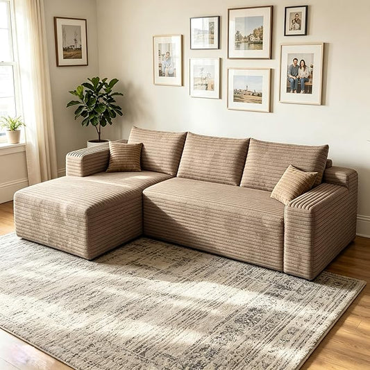 94" Camel Boneless Couch with Left Facing Chaise for Living Room, Corduroy L-Shaped Sectional Couches,Compressed Memory Foam Cloud Sofa,No Assembly Required,Camel