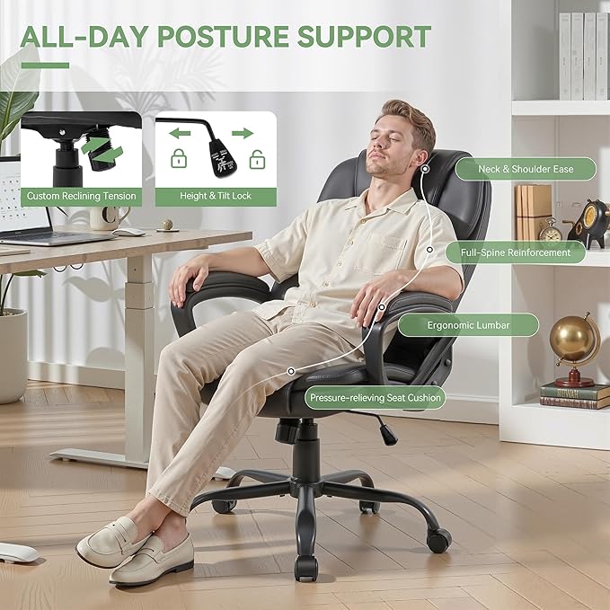 Ergonomic Office Chair with High Back, Comfy Desk Chair, Adjustable Executive Office Chair for Home Office, Big and Tall Computer Chair Heavy Duty, Set of 4, Faux Leather Black
