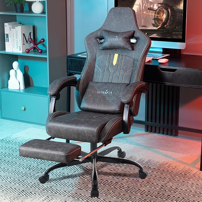Gaming Chair with Footrest Ergonomic Computer Chair Massage Lumbar Cushion, Racing Video Game Chair Adjustable Rocker Recliner Executive Office Desk Chair Pu Leather for Adults