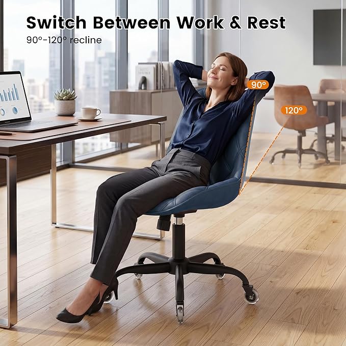 Armless Office Chair, Mid Back Modern Desk Chair with Rubber Wheels, 360 Swivel PU Leather Office Chair No Arms, Adjustable Height Small Computer Chair, Armless Desk Chair for Office, Navy Blue