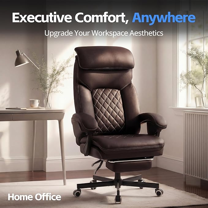 Ergonomic Executive Office Chair - Big and Tall Home Comfy Desk Gaming Chair for Adults, Heavy Duty Leather Reclining Wide Computer Chair with Foot Rest and Back Support (Brown)