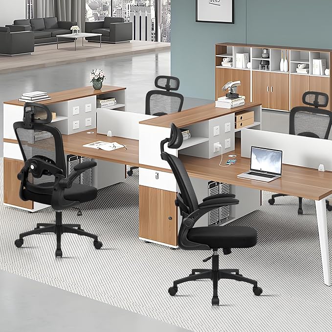 KLASIKA Desk Chairs with Wheels, Ergonomic Mesh Back Home Office Chair with Headrest, Adjustable Lumbar Support Swivel Rolling Computer Chairs with Flip Up Arms for Conference Meeting Room, Black, 8PK