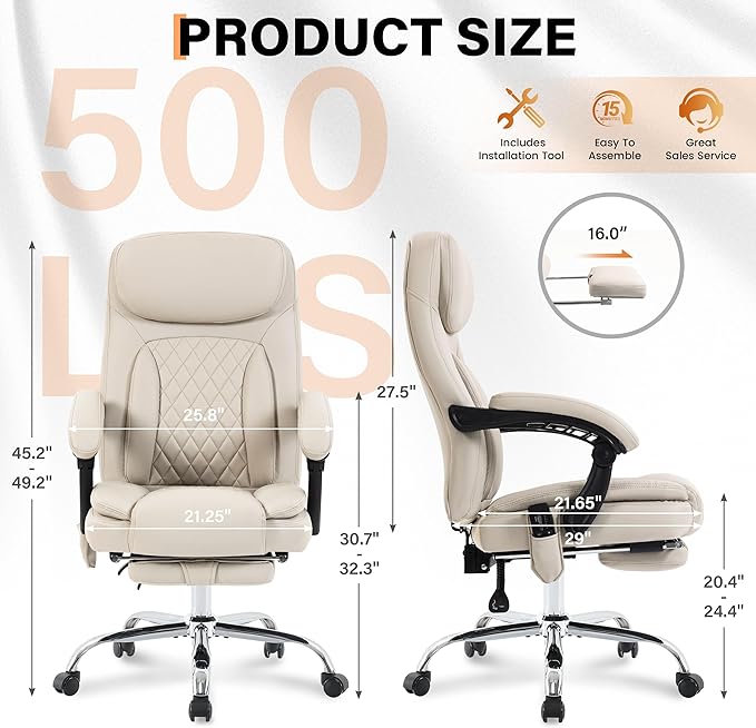 500LBS Massage Office Chair, 6 Points Vibration & Heat Executive Office Chairs, 135°Reclining Comfy Desk Chair with Foot Rest, Wider & Thicker Seat Cushion, PU Leather Big and Tall Gaming Chair, Beige