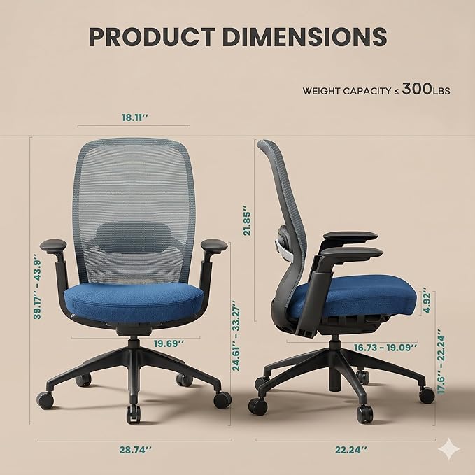 COLAMY Office Chair Set of 2, Easy Wire-Control Desk Chair with Sliding Seat Depth & Thick Padded Lumbar Support, Heavy Duty 300 LBS High Back Mesh Computer Chair for Home Workstation,Blue