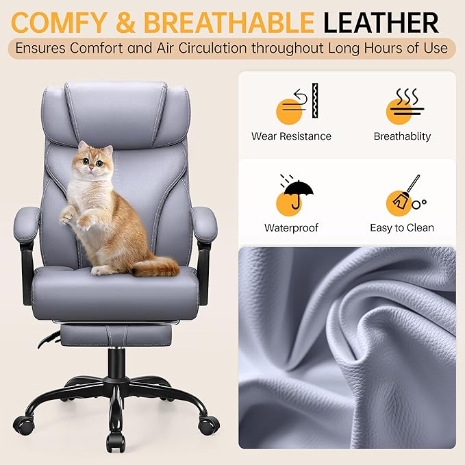 HeroSet Big and Tall Office Chair with Foot Rest, 400lbs Ergonomic Reclining High Back Executive Leather Chair, Lumbar Support Swivel Computer Desk Chairs for Heavy People Home Office Gaming(Gray)
