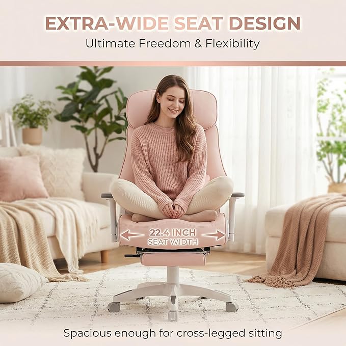 Big and Tall Office Chair 400lbs, Premium PU Leather Executive Chair with Extra Wide Saddle Seat for Cross Legged, 3D Armrests, Footrest, Heavy Duty Ergonomic Reclining Desk Chair (Pink)