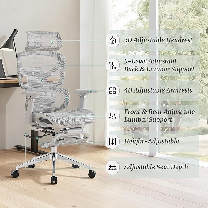 Cozyman Ergonomic Office Chair with Footrest - 5-Level Adjustable Lumbar Support & 90-135°Recline, 3D Headrest & 4D Armrests, Breathable Mesh Seat Computer Chair for Home Office, Gaming, Light Grey