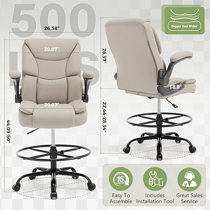 500LBS Drafting Chair, High Back Safer Standing Desk Chair, Executive Tall Office Chair with Flip-up Armrests, Upholstered PU Leather Task Chair, Ergonomic Seat with Adjustable Height&Foot Ring,Beige