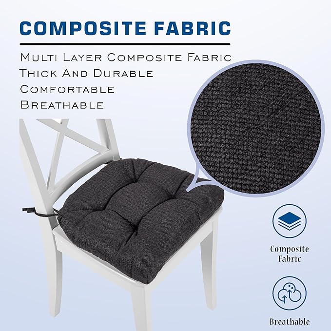 SQUARE MOON D-Shaped 3" Thick Chair Cushions, Chair Pads for Dining Chairs and Kitchen Chairs, Indoor Dining Room Seat Cushions with Ties, Machine Washable, 17" x 16" x 3", 4/Pack, Black