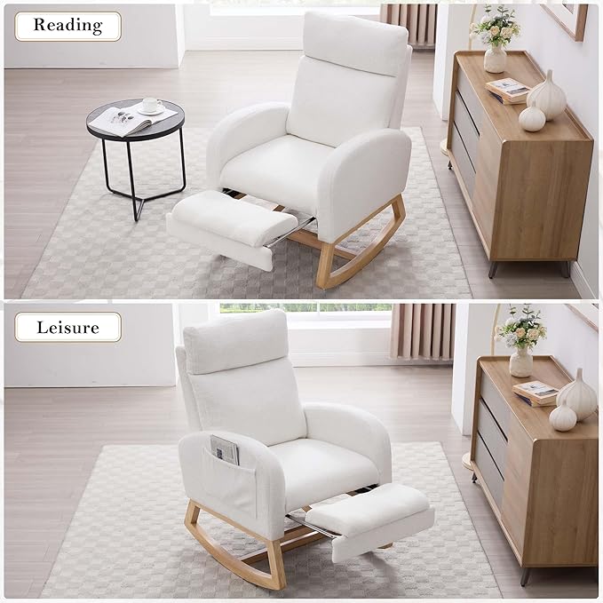 40" Teddy Nursing Rocking Chair, Nursery Chairs with Adjustable Foot Rest, High Backrest Upholstered Arm Chair with Side Pockets, Wood Rocking Chair for Living Room, Bedroom, Baby Room (White)