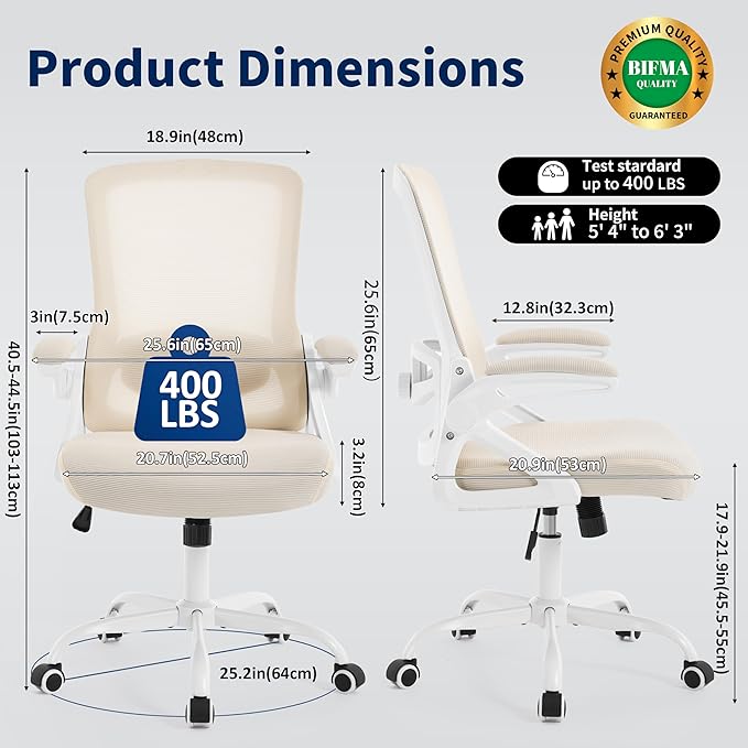 Ergonomic Office Chair, Desk Chair with Adjustable Lumbar Support, Breathable Mesh Comfy Computer Chairs with Flip-up Armrests Executive Task Chair for Adults Home Office (Buff Beige)