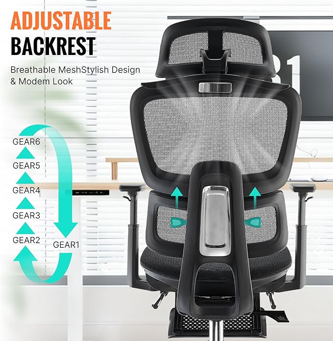 Ergonomic Office Chair, Home Mesh Desk Computer Chair, Comfortable Gaming Chair with Footrest, Wheels, Adjustable 2D Headrest, Lumbar Support, High Back and 3D Armrest, Black