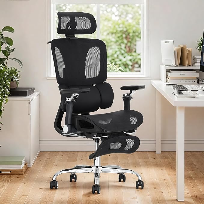 Ergonomic Office Chair with 3-Zone Dynamic Lumbar Support, Big and Tall Mesh Office Chair with Footrest, Adjustable Seat Depth,4D Headrest,6D Armrests, Swivel Executive Chair for Home Office,Black