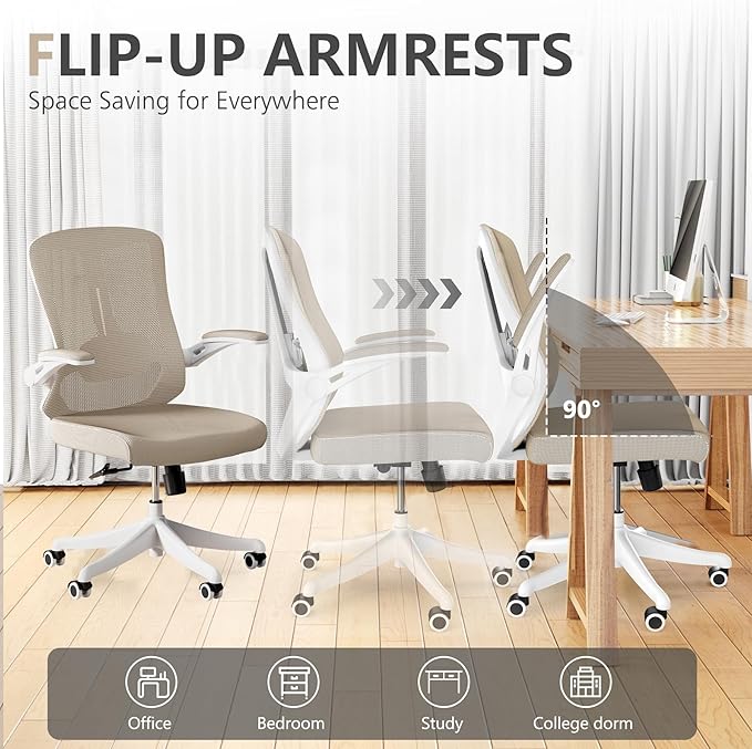 350 LBS Ergonomic Office Computer Mesh Chair - Adjustable Height Rolling Desk Chair with Flip-Up Armrests & High Back Support - Comfortable Swivel Task Chair for Home Office (02KHAKI)