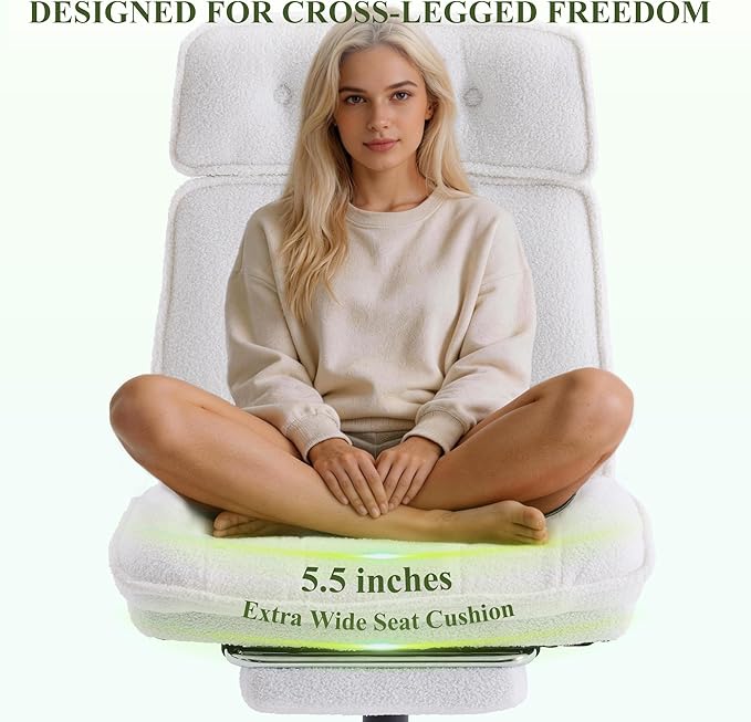 Criss Cross Chair with Wheels, Wide Seat Cross Legged Office Chair with Footrest, Adjustable Headrest & Reclining Backrest, Upholstered Ergonomic Desk Chair for Home Office, Gaming, Vanity (White)