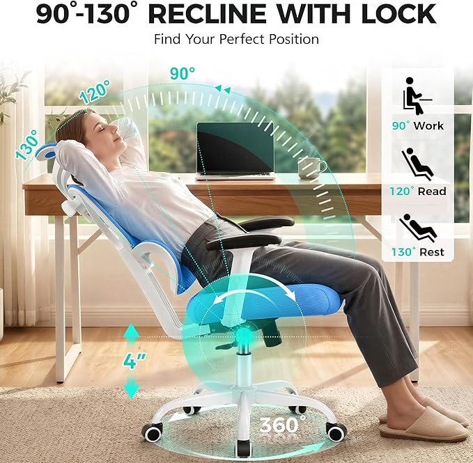 Ergonomic Office Chair High Back Desk Chair with Lumbar Support, Breathable Mesh Computer Chair with Adjustable Armrests Height, Reclining Swivel Big and Tall Gaming Chair for Home Office(Sky Blue)