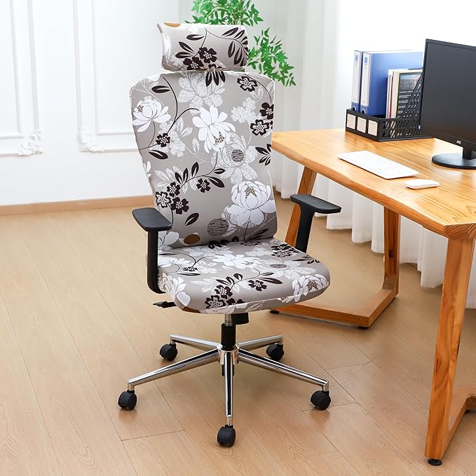 Ergonomic Office Chair Covers Set with Headrest Cover Floral 2 Pieces Stretch Desk Computer Office Chair and Headrest Slipcovers Washable