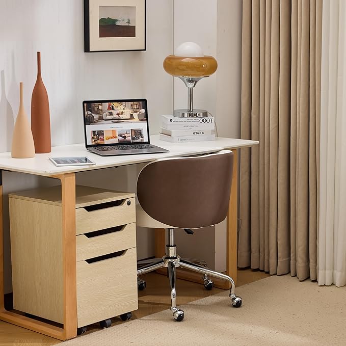 VINGLI Cute Small Swivel Desk Chair Comfy with Wheels,Ergonomic Low-Back Lumbar Support Vanity Nail Tech Rolling Task Stool Chair for Home Office,Height Adjustable,PU Leather White&Suede Khaki