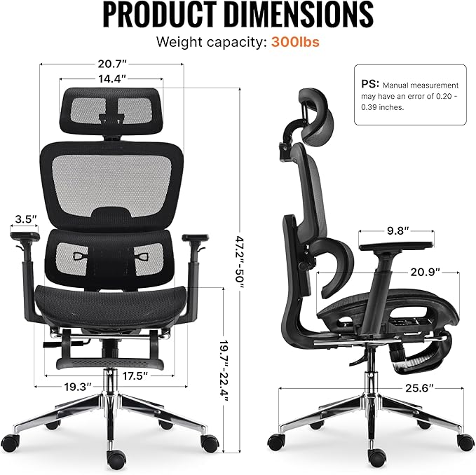 Ergonomic Office Chair, Home Mesh Desk Computer Chair, Comfortable Gaming Chair with Footrest, Wheels, Adjustable 2D Headrest, Lumbar Support, High Back and 3D Armrest, Black