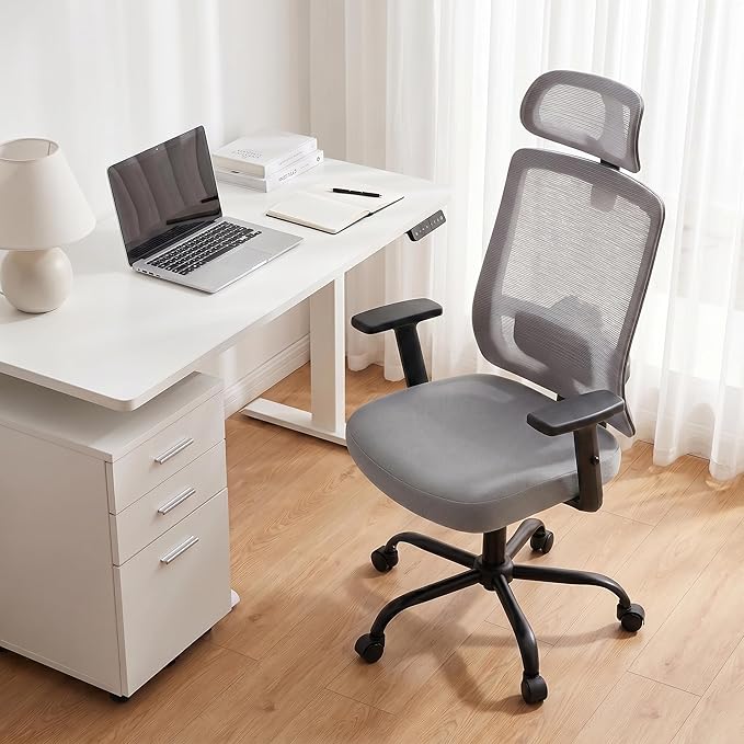 Ergonomic Mesh Office Chair with Headrest, Comfortable Desk Chair for Long Sitting, Breathable Computer Chair with Flip-Up Arms, Adjustable Swivel Chair for Home Office Work Study, Grey