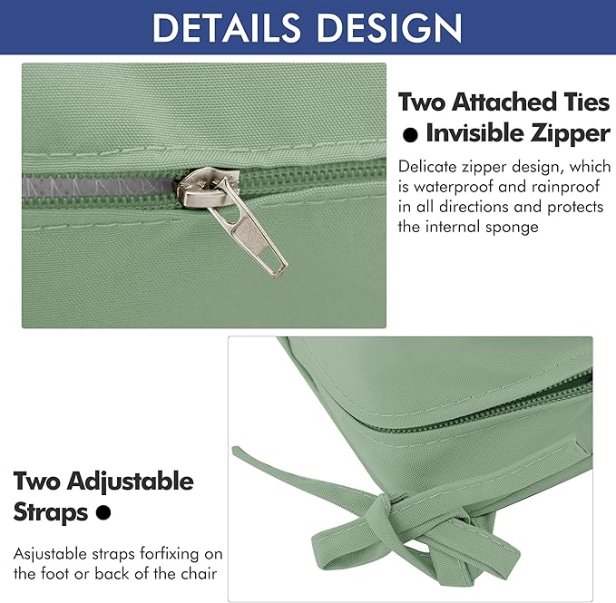Outdoor Chair Cushions 16 x 17 Inch Water Resistant Patio Chair Cushions with Tie 3 Year Color Fastness Thick Outdoor Seat Cushion for Garden Lawn Patio Furniture Sage Green Set of 2