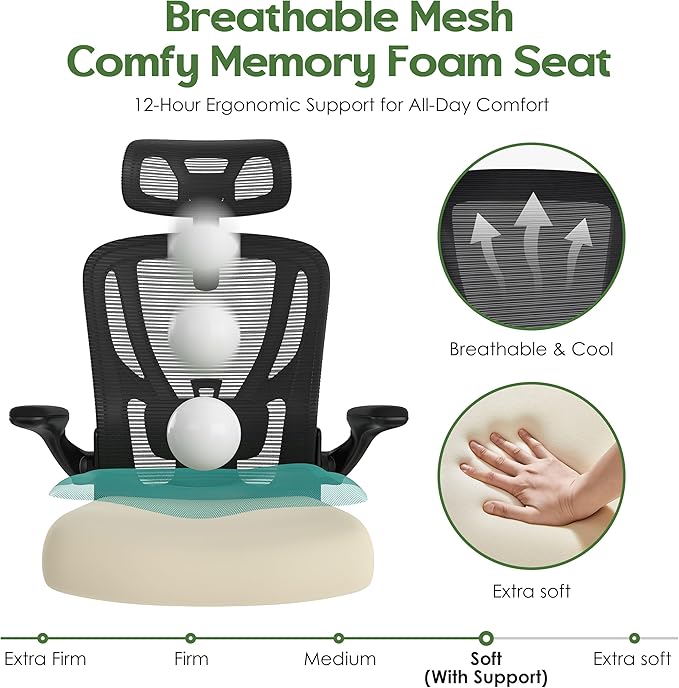 Office Chair Ergonomic Desk Chair - Mesh High Back Office Chair with Headrests Wheels Lumbar Support Home Desk Office Chairs Flip up Armrest Executive Rolling Computer Chair Black 2 Pack