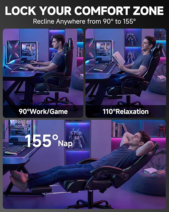 GTPLAYER Gaming Chair for Adults, Ergonomic Computer Gaming Chair with Footrest, Height Adjustable, 90-155° Recline & Removable Headrest Lumbar Support, Colorful Black