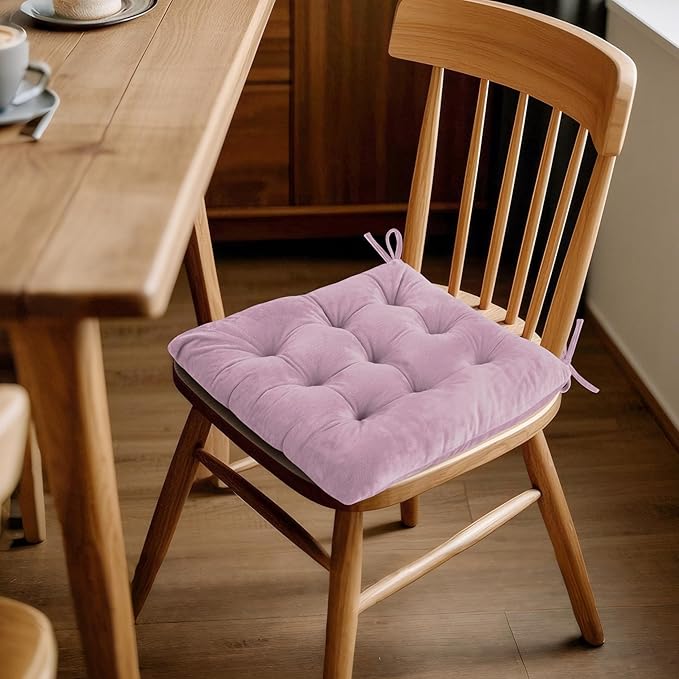 ELFJOY 4 Pack Chair Cushions for Dining Chairs Indoor Kitchen Seat Cushions with Ties Tufted Square Seat Pas for Kitchen Dining Office Room (16" Light Purple Velvet)