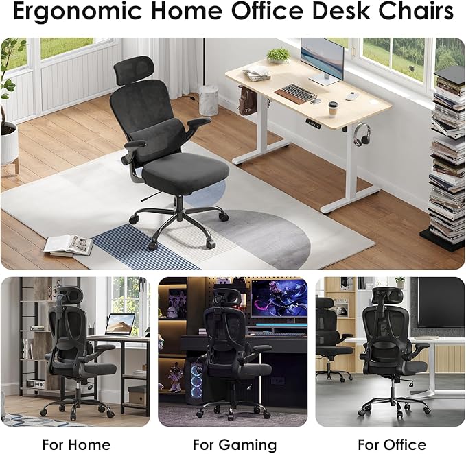 Breathable All-Mesh Ergonomic Chair with Headrest - High Back Desk Chair for Cool, Sweat-Free Work Sessions, Silent Casters Perfect for Bedroom Office (Black)