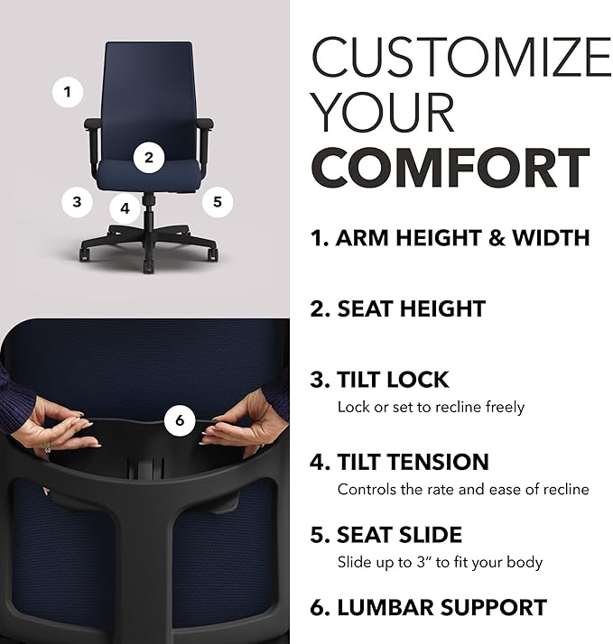 HON Ignition 2.0 Mid Back Task Chair, Spectrum Mesh, Standard Synchro-Tilt Control, Office Chair with Lumbar Support, Height and Width Adjustable Arms, Black Frame, Blueberry