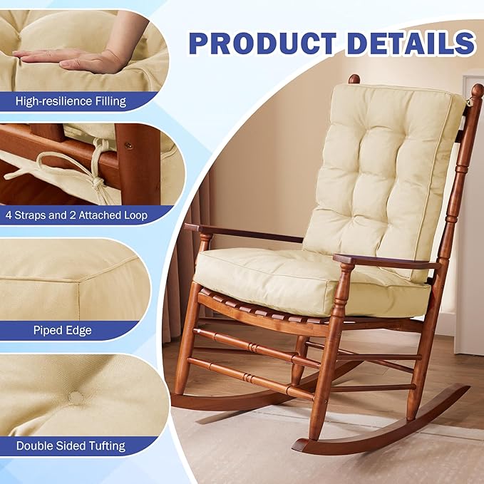 IPYNBAP Rocking Chair Cushion, Waterproof and Fade-Resistant Patio Chair Cushions, Tufted Chair Pads for Rocker Furniture, 17x17 Inch, Indoor/Outdoor Seat Cushions with Ties, Beige (Pack of 2)