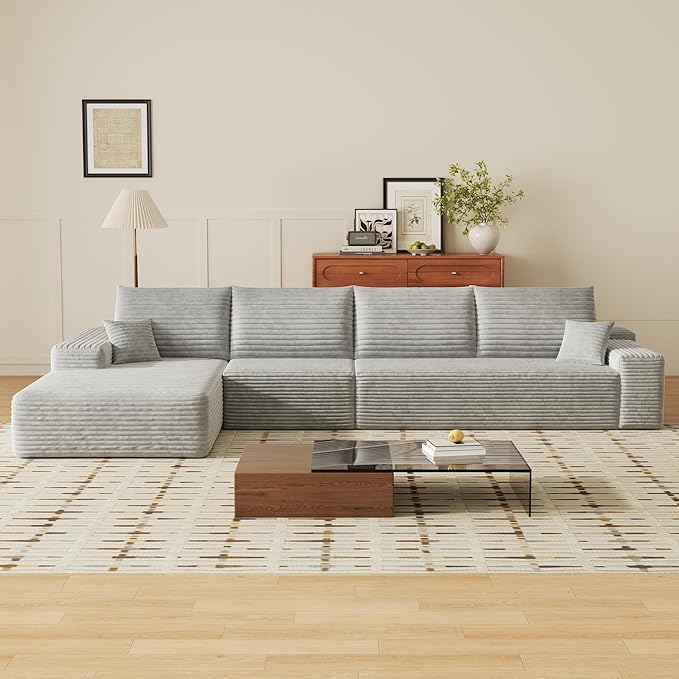 135" Corduroy Couch Sectional with Chaise, L Shape Boneless Cloud Couches for Living Room Bedroom, Modular Corner Couch, Fluffy Deep Seat Compression Sofa, Left Facing Chaise, No Assembly, Grey