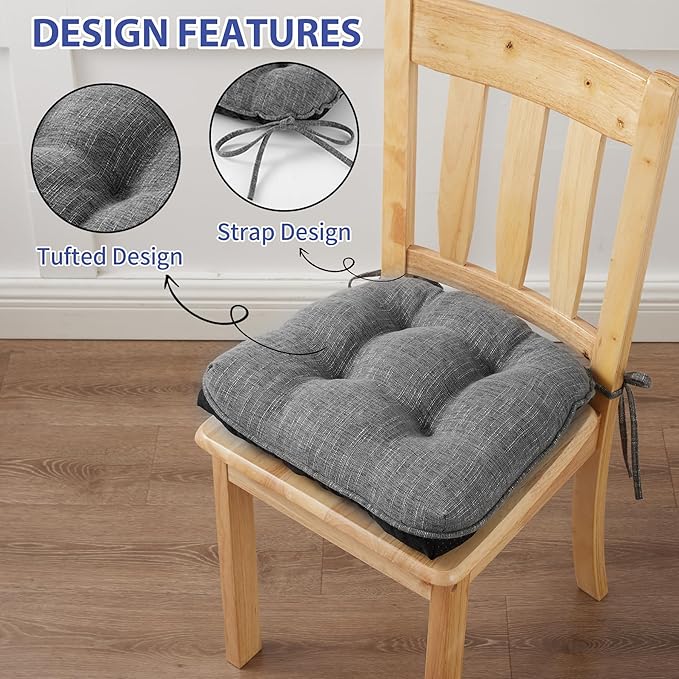 IPYNBAP Chair Cushions for Dining Chairs Set of 2, Kitchen Chair Cushions, Chair Pads with Ties and Non Slip Backing, Tufted Memory Foam Seat Cushion 2 Pack, 15.5" x 15.5" x 4", Dark Gray