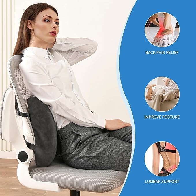 Lumbar Support Pillow for Office Chair - Memory Foam Back Cushion for Chair, Car, Couch - Lumbar Pillow Promotes Better Posture, Back Pain Relief with Adjustable Strap & Non-Slip