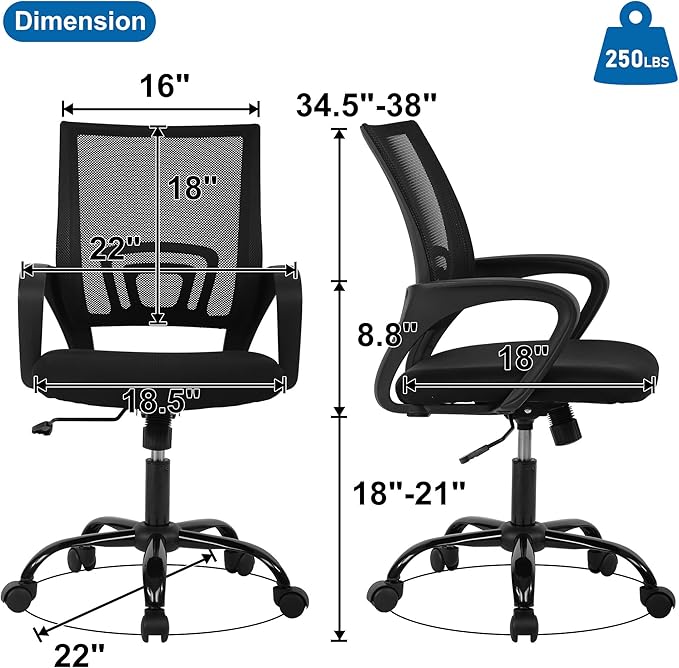 Computer Desk Chair,Work Chairs for Home Office,Ergonomic Office Chair with Lumbar Support,Mesh Office Chair with Arm and Wide Comfortable Seat,Adjustable Rolling Office Chair,Black