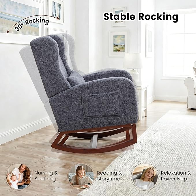 Nursery Rocking Chair,Rocking Chair with Foot Rest,Nursery Rocker Comfy Glider Nursing Chair with Back Pillow for Living Room,Bedroom,Dark Grey
