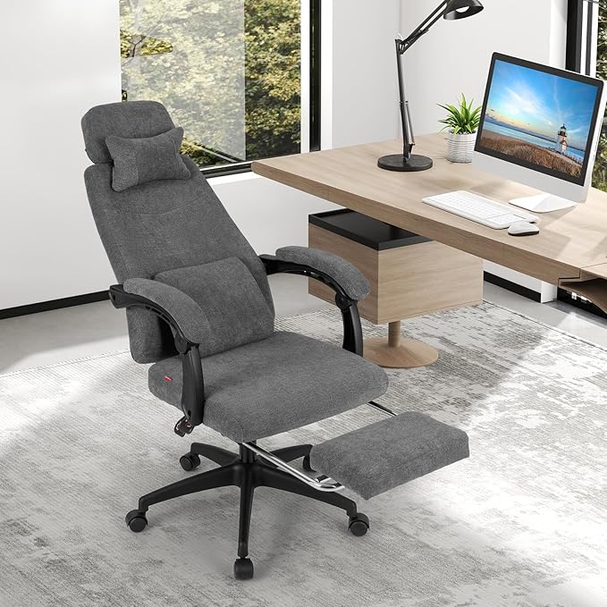 Giantex Reclining Office Chair, Chenille Fabric Desk Chair with Padded Linkage Armrests, Retractable Footrest, Neck & Lumbar Support, High-Back Ergonomic Executive Chair for Home Office, Gray