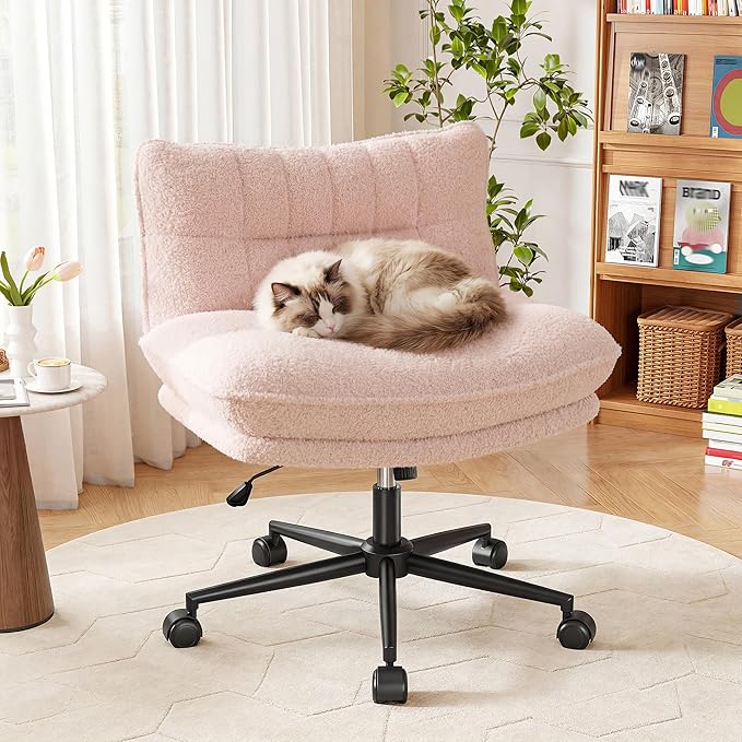 DurayLoly Criss Cross Chair with Wheels, 6.2" Extra Thick Cross Legged Office Chair, Height Adjustable Swivel Design for Home Office, Study & Vanity,Pink
