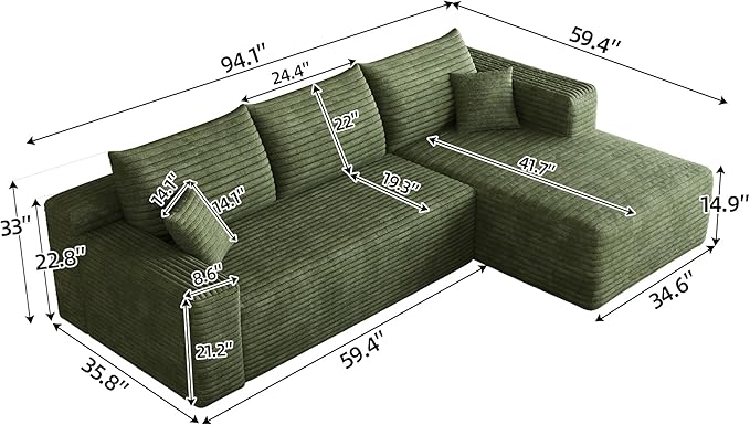 94" Boneless Couches with Right Facing Chaise for Living Room,Corduroy Sectional Couch,L-Shape Cloud Couches Compressed Memory Foam Cloud Sofa,No Assembly Required,Green