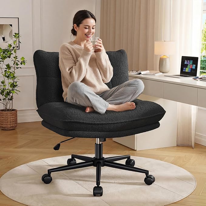 DurayLoly Criss Cross Chair with Wheels, 6.2" Extra Thick Cross Legged Office Chair, Height Adjustable Swivel Design for Home Office, Study & Vanity,Black