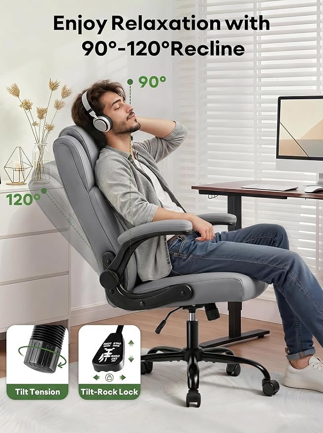 Office Chair PU Leather, Ergonomic Computer Desk Chair with Lumbar Support, Executive Leather Chair with Wheels & Flip-up Armrest, Small Home Office Desk Chair for Short People Use, Grey