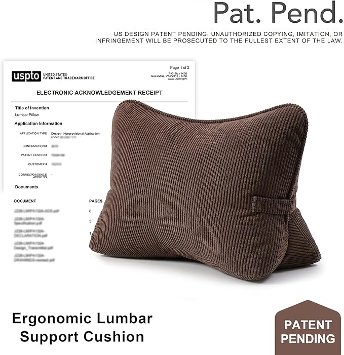 Pat. Pend. Corduroy Lumbar Back Support Pillow for Recliner, Relaxing and Sitting, Triangle Cushion for Sofa or Bed Sitting, Backrest Support Pillow with Removable Washable Cover, Chocolate