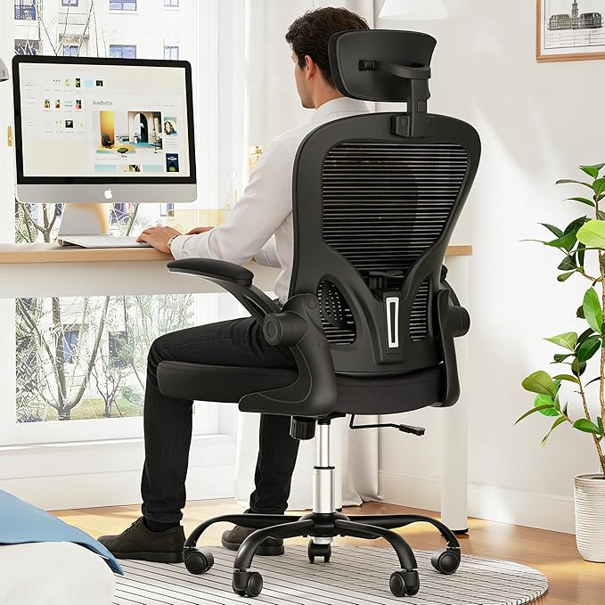 Ergonomic Office Chair, 300lbs High Back Breathable Mesh Desk Chair with Lumbar Support, Comfy Gaming Chair with Headrest and Flip-Up Arms, 360° Swivel Computer Task Chair for Home Office, Black