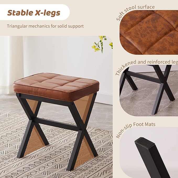 Foot Stool Small Ottoman Foot Rest Padded Foot Stool Desk for Under Office Desk Vanity Stool Bamboo Footstool Sofa Footrest Shoe Stool Small Foot Stools (Black Legs + Reddish Brown)